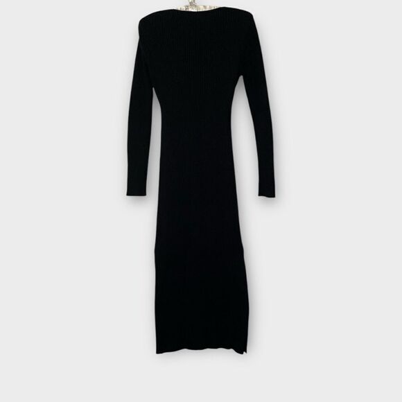Sweater Dress Ribbed Knit Crewneck Belted Side Slits Long Sleeve Black Size M - Picture 8 of 11